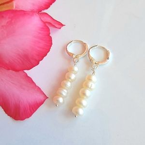 Pearl Earrings in sterling silver hoops dangle drop